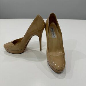 Jimmy Choo Cosmic Platform Pumps Shoes Nude Patterned Leather 120mm, Size 39